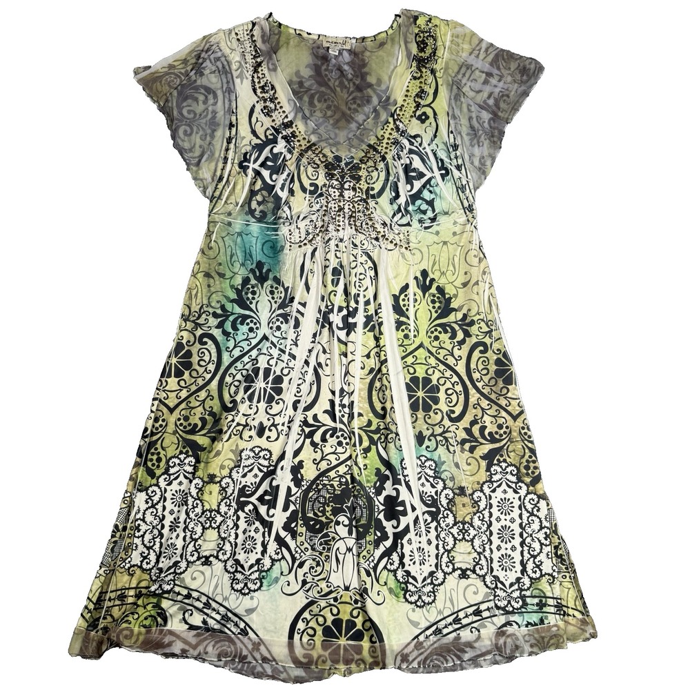 One World Dress Women's Large Green Black Boho Mesh Flutter Sleeve Embellished